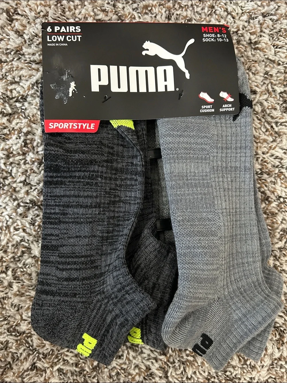 Puma Men’s Low Cut Athletic Socks - Gray, Dark Gray & Neon Yellow (6 Pairs)
